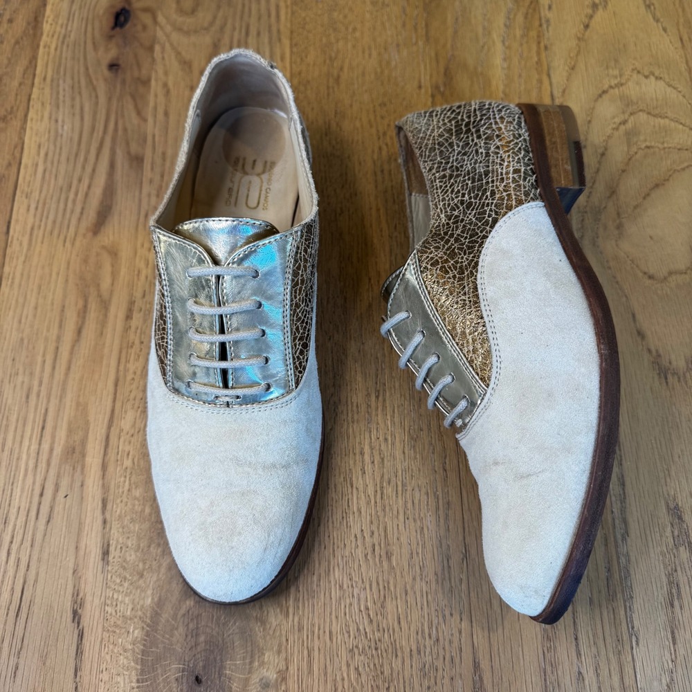 Eugenio Campos for Eureka Women 6.5 EU 37 Gold Crackle Suede Oxford Shoes Euro